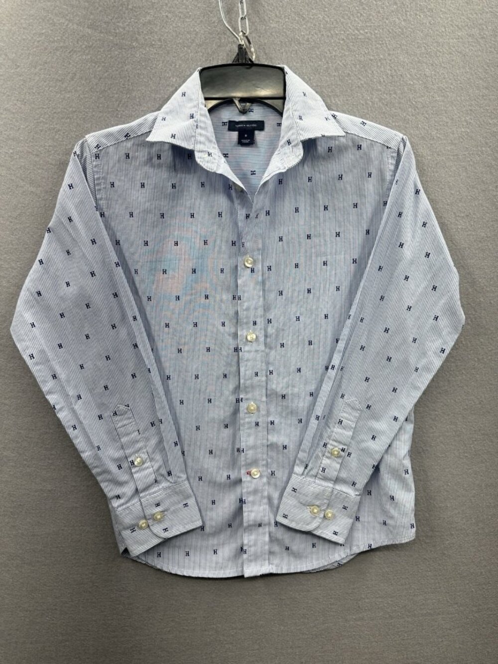 Tommy Hilfiger Button Up Shirt Boys Sz 8 Blue Logo Long Sleeve Casual EUC Preppy